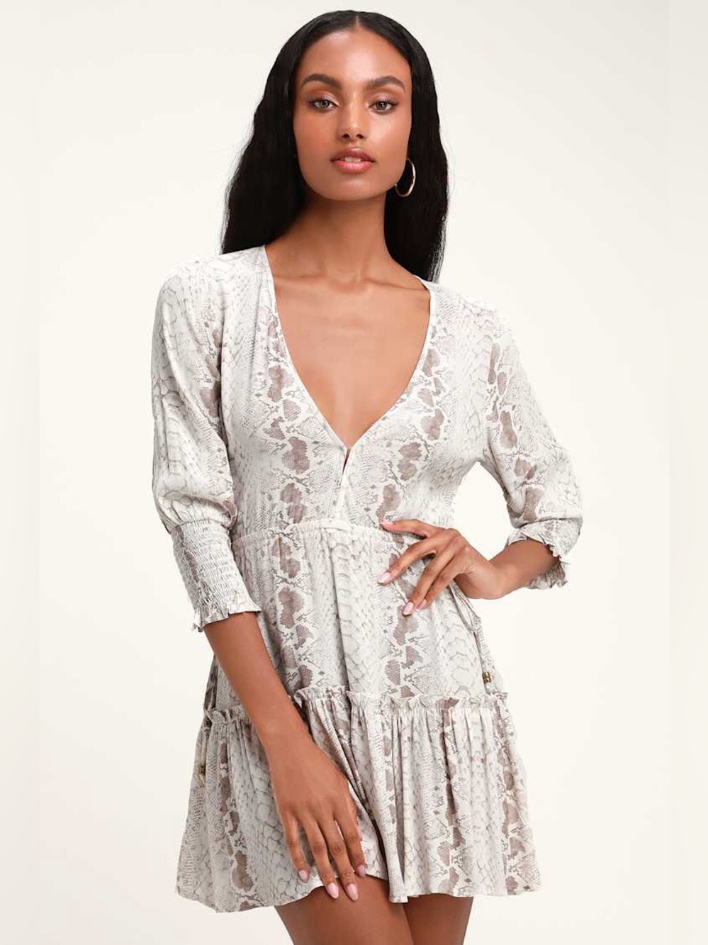 Kivari Zanzibar Chic Cream White Snake Print Three-Quarter Sleeve Dress Size XS